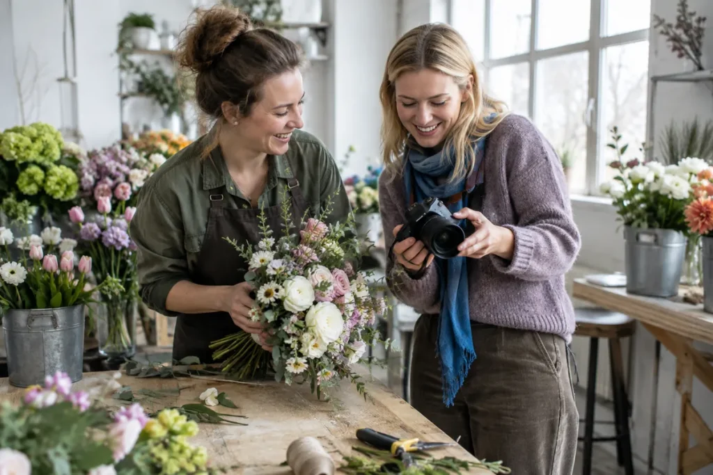 En florist och en fotograf planerar ett samarbete i en blomsterateljé