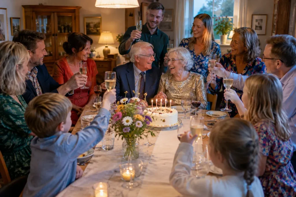 Ett par firar guldbröllop med barn och barnbarn runt middagsbordet