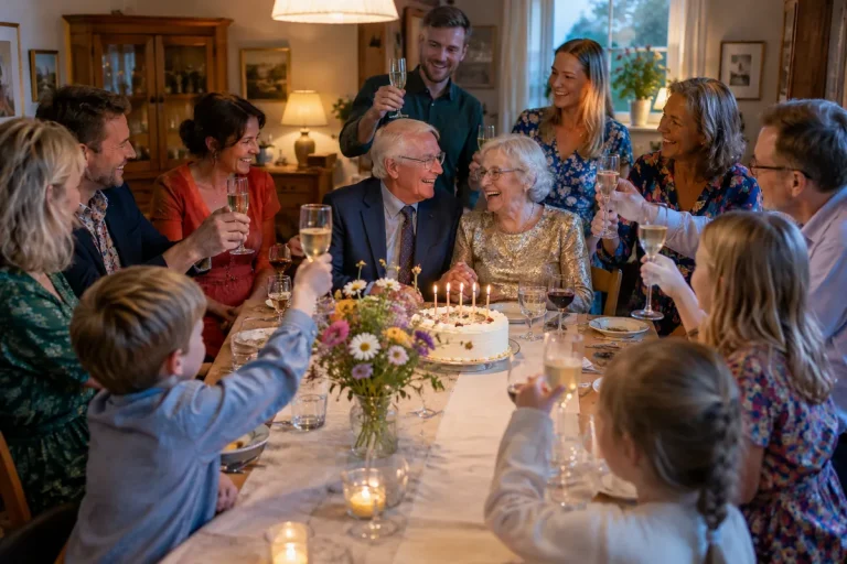 Ett par firar guldbröllop med barn och barnbarn runt middagsbordet