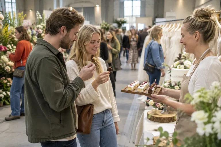 Ett par provsmakar bröllopstårta i en monter på en bröllopsmässa