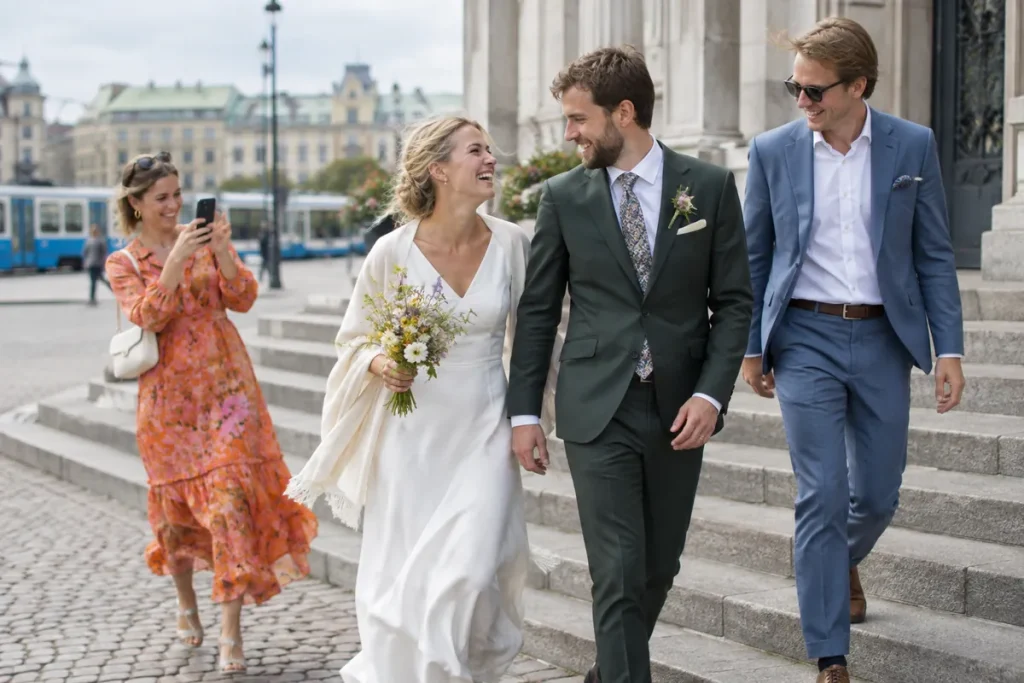 Ett brudpar och deras vittnen går ner för trappan från rådhuset i Göteborg