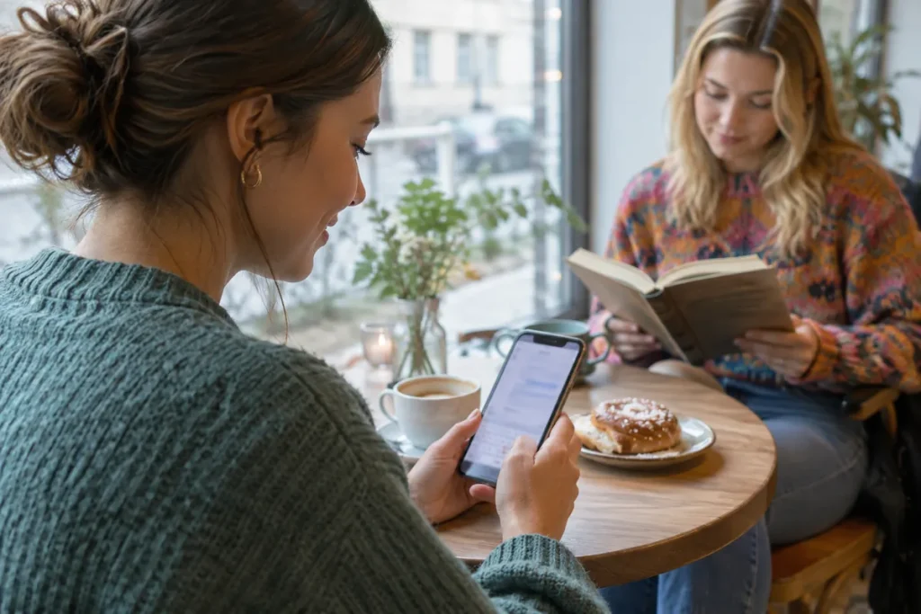 En kvinna skriver ett meddelande på mobilen på ett kafé