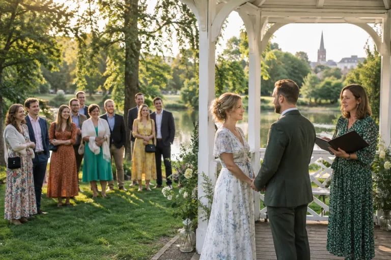 Ett par vigs av en vigselförrättare i en paviljong i en park i Malmö