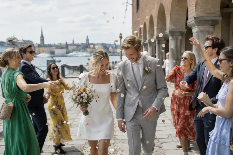 Ett nygift par firas med blomblad av sina gäster utanför ett tegelhus vid vattnet i Stockholm